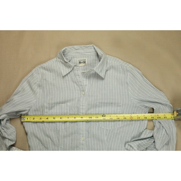 Converse One Star Sz S Women's Roll Tab Sleeve Cotton Shirt Top Blue Striped - Picture 8 of 9